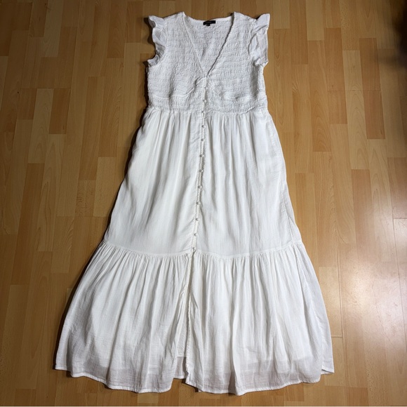 Quince Organic Textured Cotton Smocked V-Neck Midi Dress White Large - Picture 6 of 14